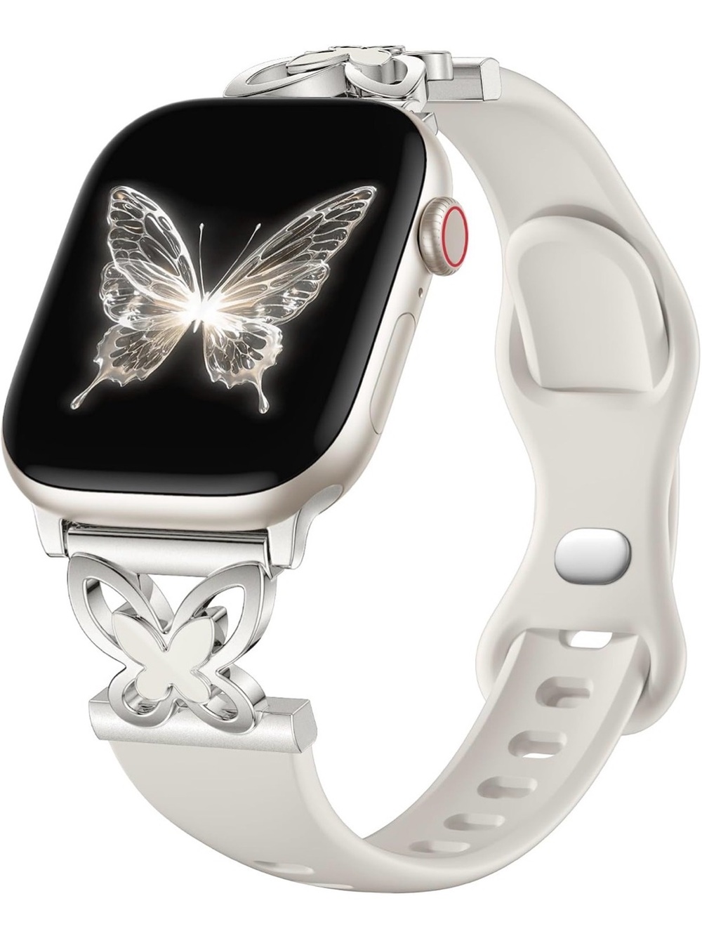 Silver Smartwatch with White Silicone Band and Decorative Butterfly Accent